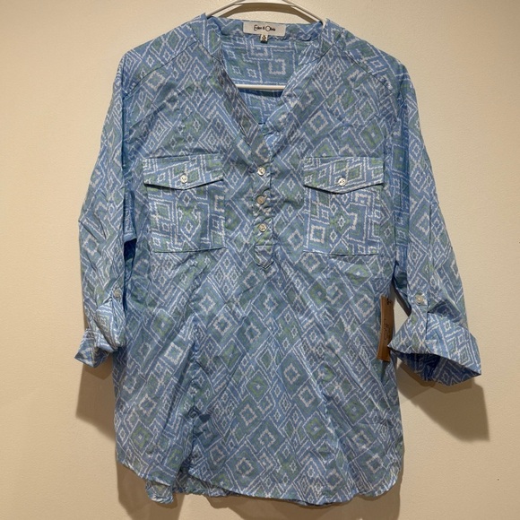New Eden & Olivia Cotton Geometric Tribal Quarter Button Down Shirt XL Lightweig - Picture 1 of 9